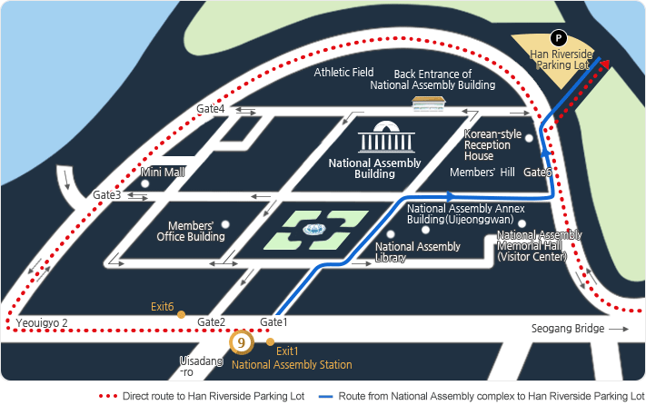 Red : Direct route to Han Riverside Parking Lot, Blue : Route from National Assembly complex to Han Riverside Parking Lot